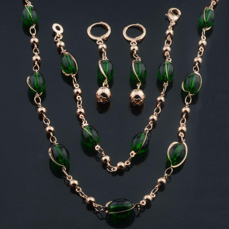 Women 14K Rose Gold Green Brown Bead Bracelet Necklace Earring Set Jewelry