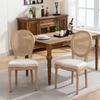 French Style Solid Wood Frame Antique Painting Linen Fabric Rattan Back Dining Chair, Set of 2,Cream,Beige ,DE1843BG
