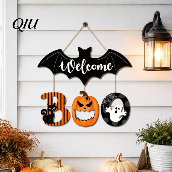 Indoor Outdoor Wall Decor Halloween BOO Door Sign, Spooky Bat Welcome Hanging Wooden Ghost Pumpkin Handmade Boxwood Sign Black Cat Hanger Ornaments