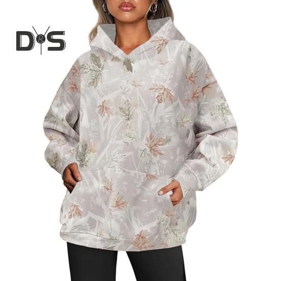 Fall Winter Women Hoodie Leaf Print Big Pocket Long Sleeves Thick Warm Loose Hooded Camouflage Daily Sport Top