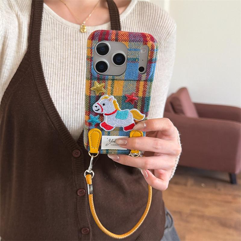 Fashion Cute Caroon 3D Dog Plush Phone Case For iPhone 17 Pro 15 14 13 16 Pro Max Cover Plaid Pattern Cloth Protective Cases