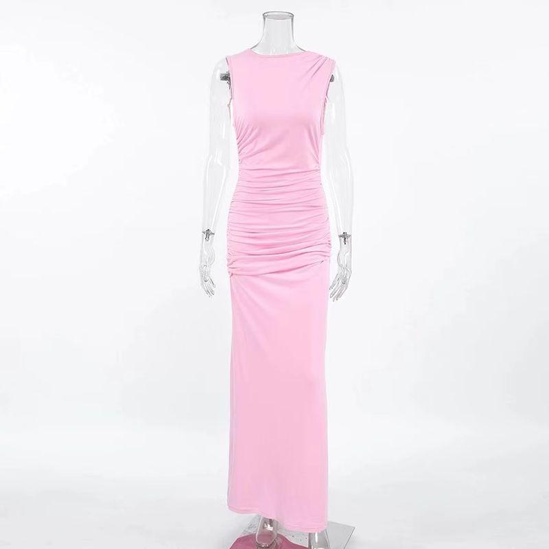 

Western Style New Sleeveless Pleat Slim fit Base Crew Neck Dress Pleated round Neck Neck Dress Pink S