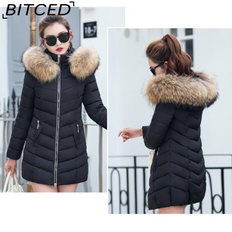 BITCED Winter Coat for Women - Mid-Length Slim-Fit Cotton Jacket with Large Fur Collar and Down-Filled Quilted Design