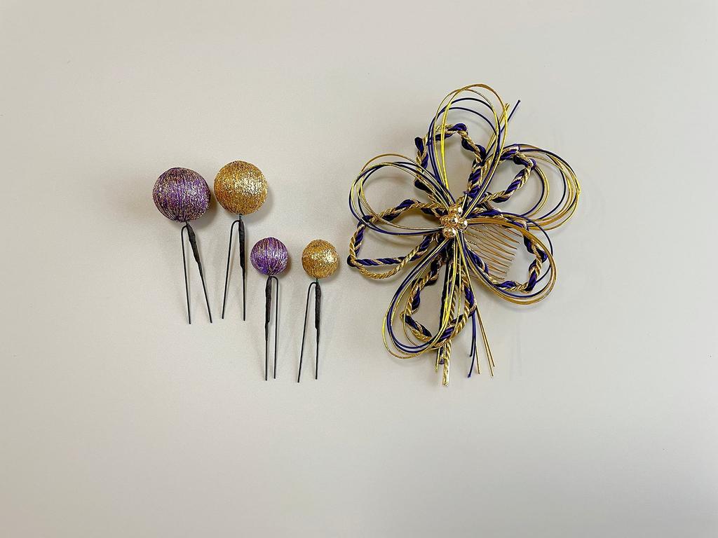 Mizuhiki Hair Ornament, Purple Gold, Ball Kanzashi, Kumihimo, Japanese Traditional Clothing, Coming-of-Age Ceremony, Wedding, Graduation, Headpiece,