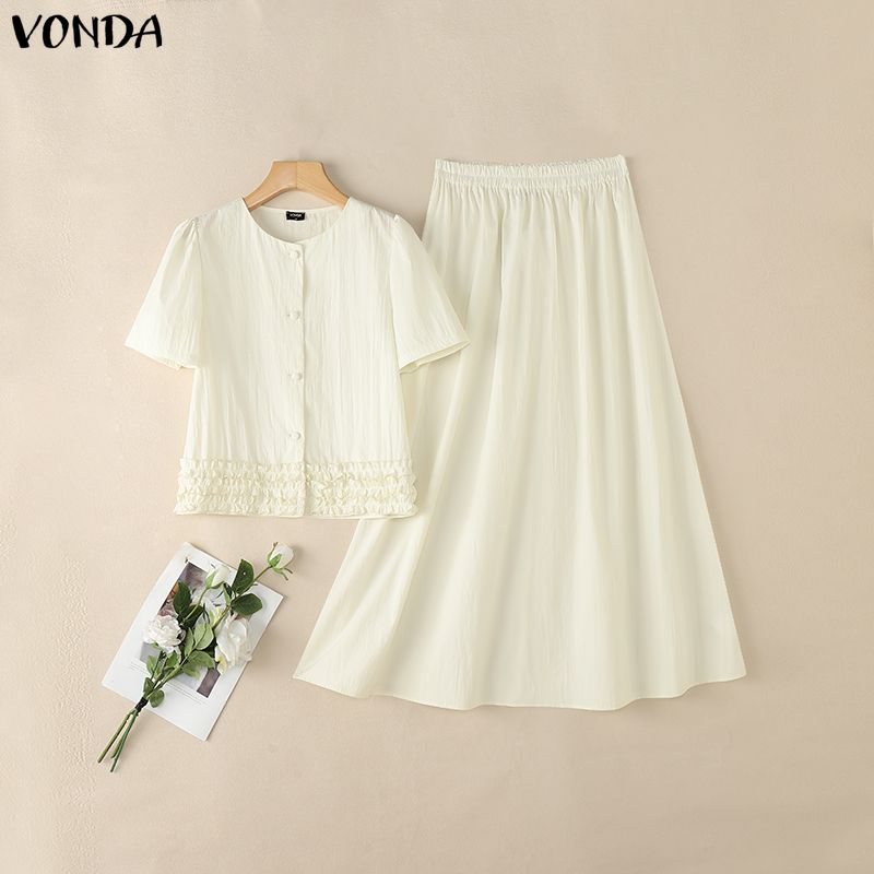 VONDA Women Outfits Short Sleeve Ruffled Blouse and Skirts Casual Two Piece Suit Elegant Sets
