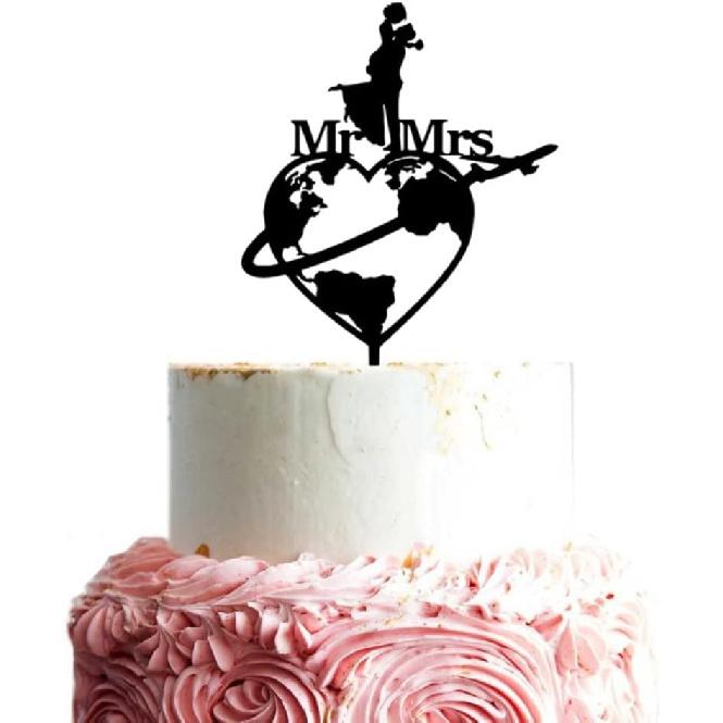 Travel Themed Wedding Cake Topper World Map Cake Topper Airplane Mr and Mrs Cake Topper Bride and Groom Silhouette