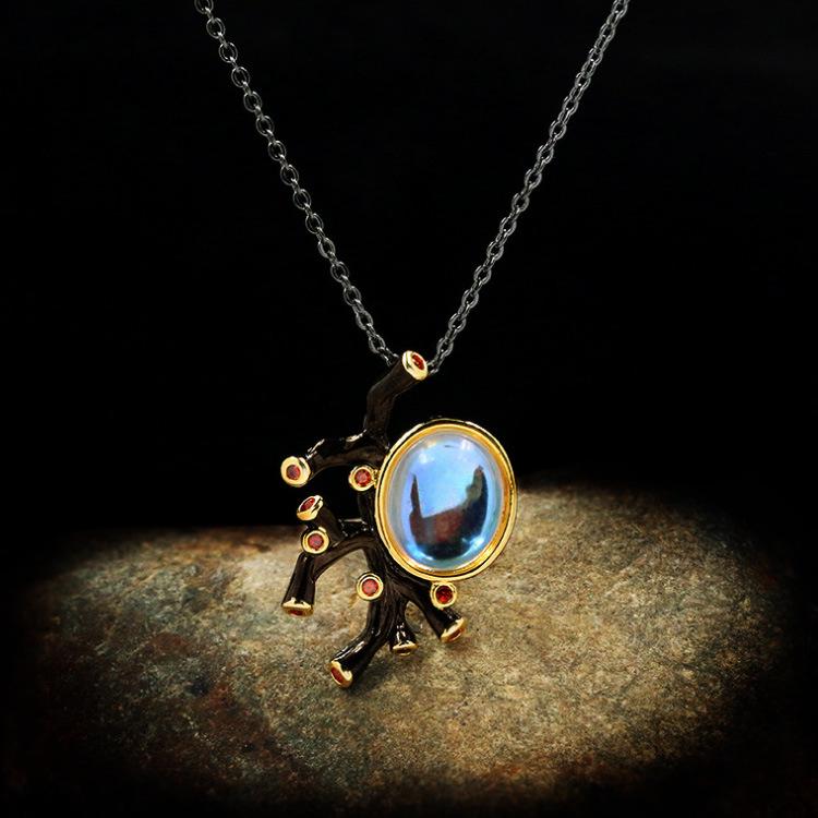 Ensemble de bijoux européens et américains abstraits en pierre de lune: Bague, Collier et Boucles d'oreilles Or Noir