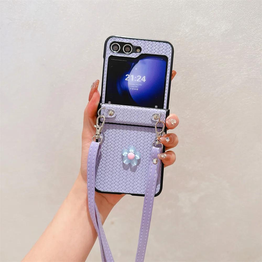 Weave Crossbody Leather Flower Stickers Phone Case for Samsung Galaxy Z Flip 6 5 4 3 Flip6 Flip5 Flip4 Flip3 Shockproof Cover