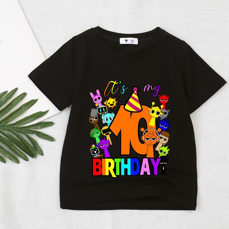 

Футболка с номером дня рождения Game Sprunki для девочек и мальчиков, футболки с коротким рукавом, летние повседневные детские топы, черная футболка, одежда для малышей с героями мультфильмов 150