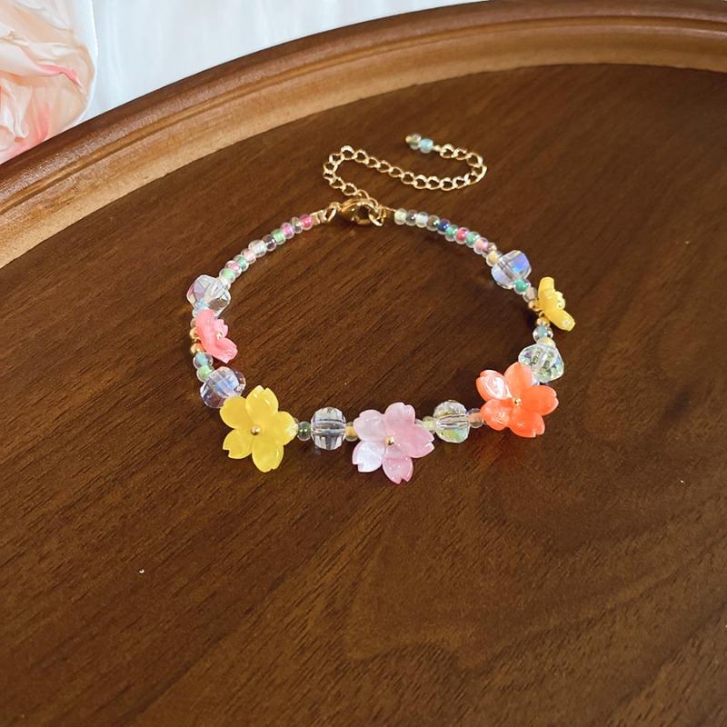 Crystal Stone Beaded Resin Flower Bracelet Necklace Ear Hook Set Dopamine Sweet Wind Jewelry