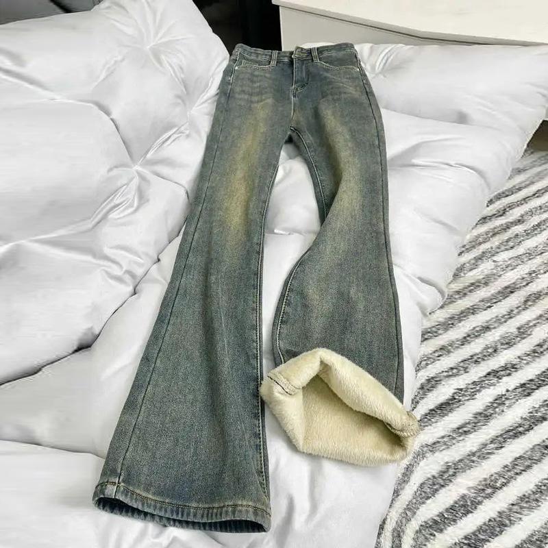 

Ретро Синие Джинсы с Высокой Посадкой и Толстым Вельветом Зимние Джинсы Широкие от Бедра для Женщин 3XL