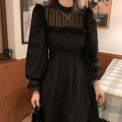 Autumn Gothic Black Lace Dress Women Casual Elegant Party Midi Ruffle Long Sleeve Dress Emo Y2k Goth Clothes