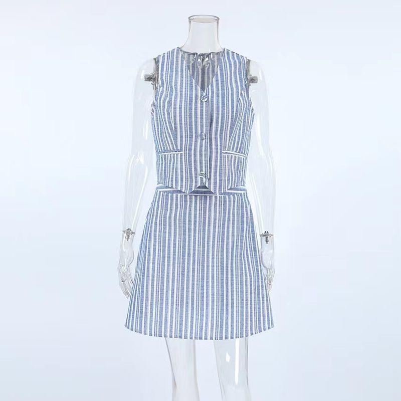 

Fashion Style Summer Stripes Sleeveless Vest Short Skirt Two-piece Set Striped Vest Short Skirt Set Stripes S