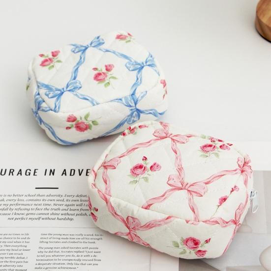 Girls Quilted Cosmetic Bag Soft Floral Makeup Pouch Elegant Bow Knot And Flower