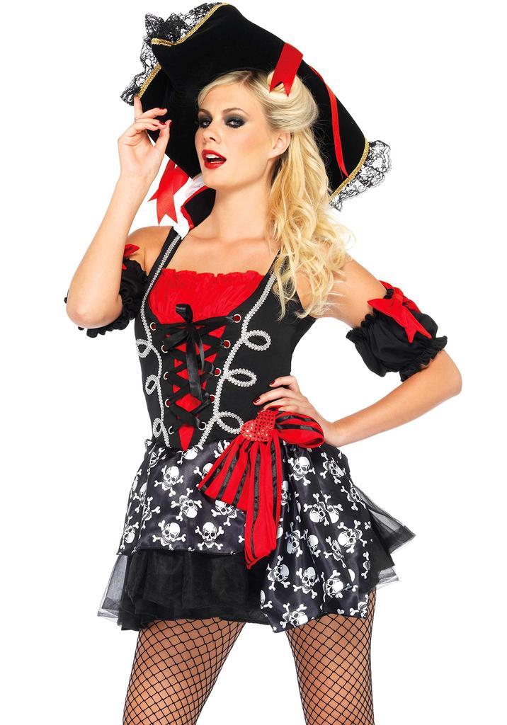 LEG AVENUE Buccaneer Babe Dress with Skull Sash and Arm Size 85209 Puffs, M, Black/Red,