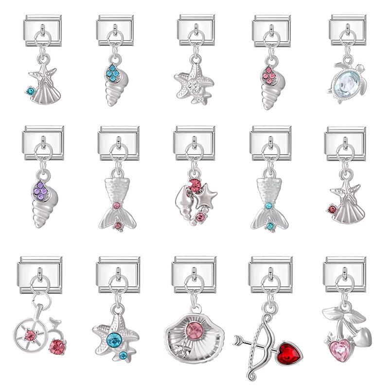 Zircon Turtle Starfish Conch Fishtail Cherry Pendant Italian Charm Links Fit 9MM Stainless Steel Bracelet Women DIY Making Gifts