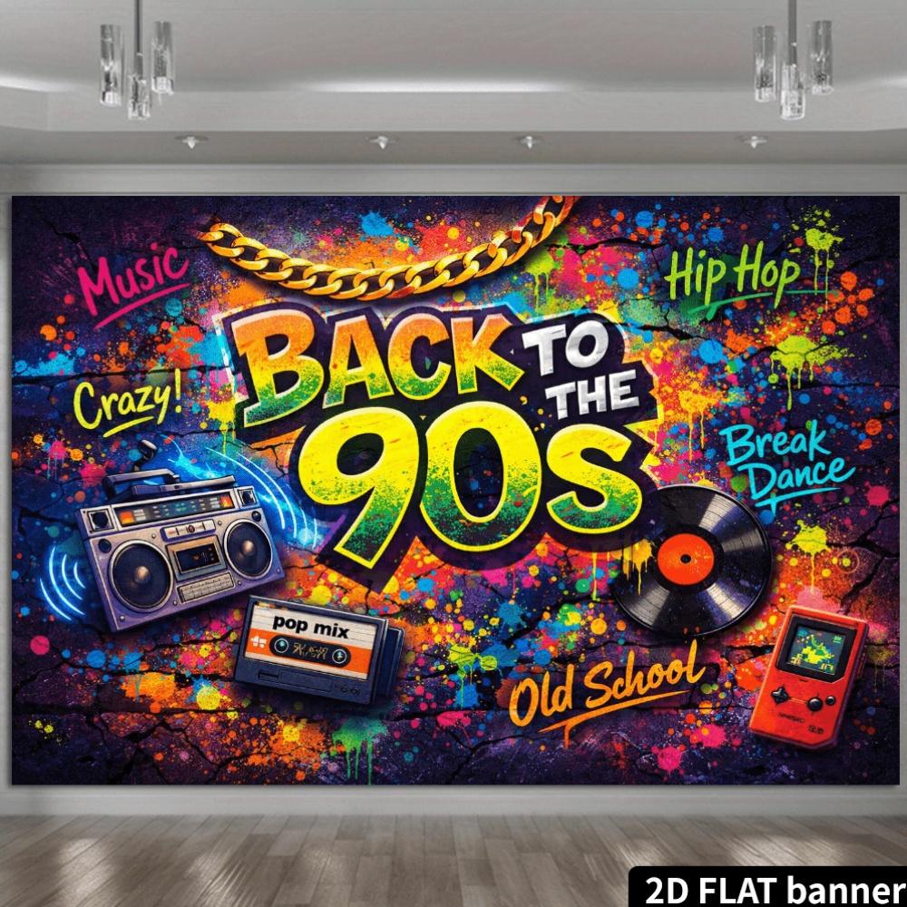 Bannière plate 2D design de tissu de fond nostalgique années 90. L'image est basée sur des murs de briques graffités. """RETOUR AUX ANNÉES 90"""