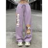 Damen Gerade Beine Lässige Jogginghose, Niedlicher Katzenaufdruck, Kordelzug Elastische Taille, Amerikanischer Lässiger Trendiger Stil