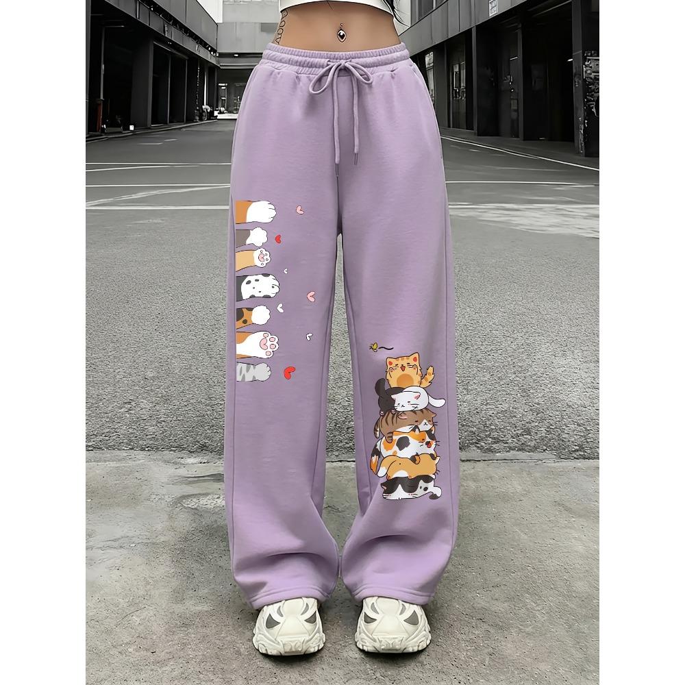 Damen Gerade Beine Lässige Jogginghose, Niedlicher Katzenaufdruck, Kordelzug Elastische Taille, Amerikanischer Lässiger Trendiger Stil
