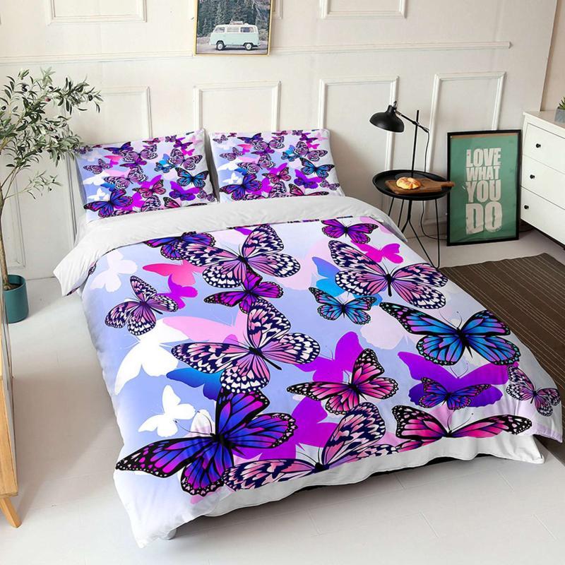 Butterfly Duvet Cover Set Queen Size Blue White Butterflies Printed Comforter Cover For Girls Kids Teens Microfiber Quilt Cover