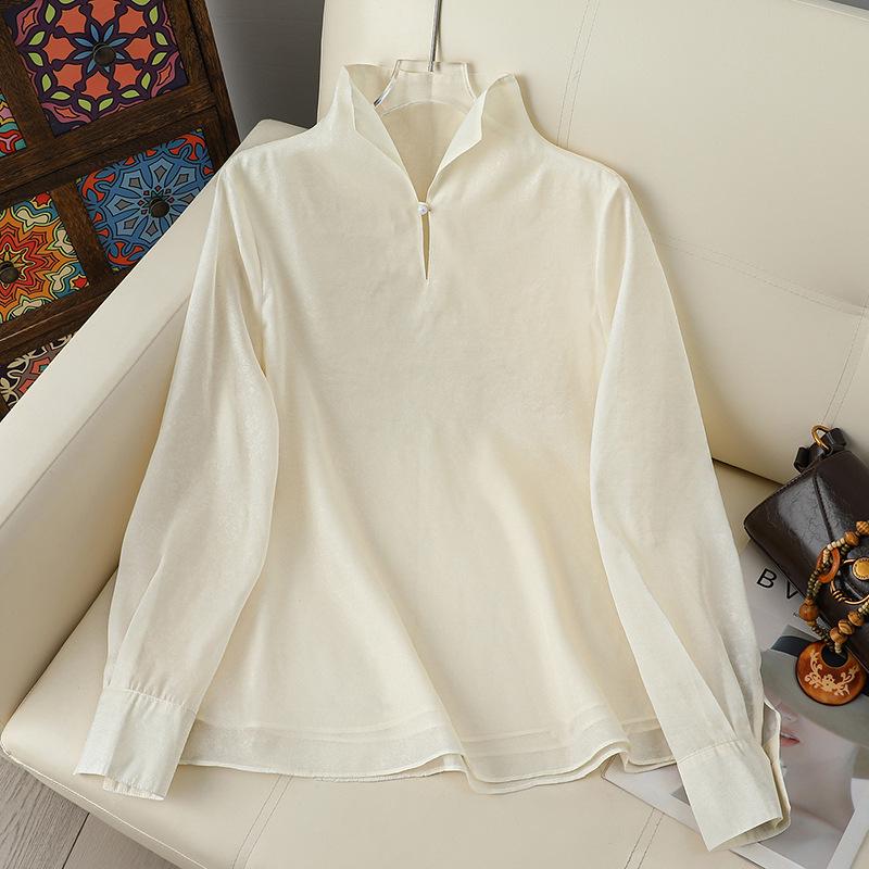 

Women s Heavyweight Double Georgette Stand-up Collar Long-Sleeve Shirt - Early Spring Temperament Solid Color Lace Versatile Top XL [Recommended 120-135 lbs] вершковий/білий