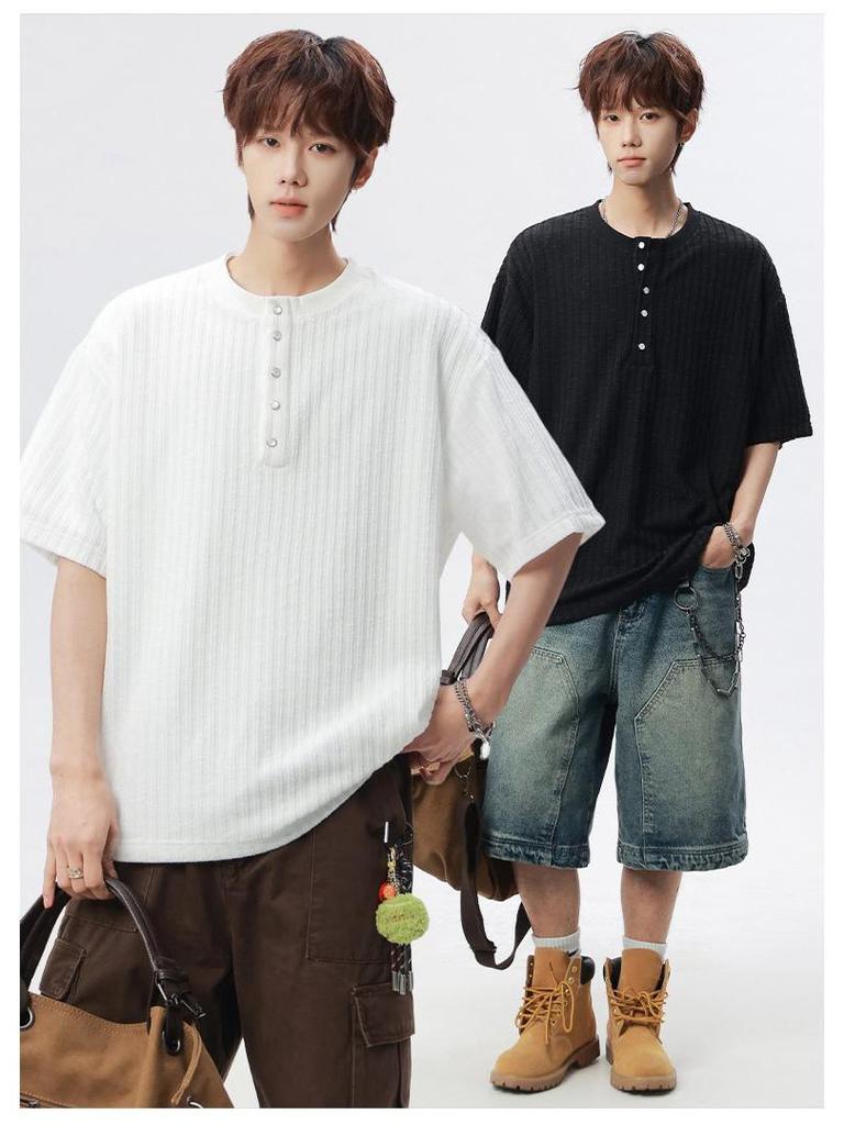 Golden Spear 2026 Summer Unisex Round Neck Hollow Button Half Sleeve T-shirt KF037