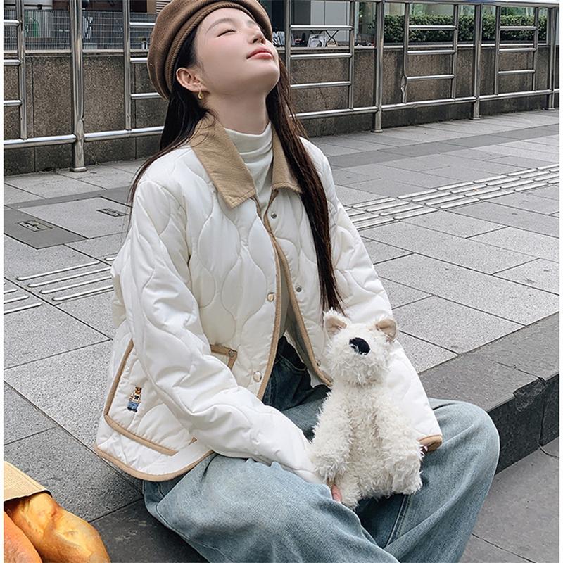 Winter Women's Embroidered Teddy Bear Splicing Lapel Short Cotton Jacket S-XL