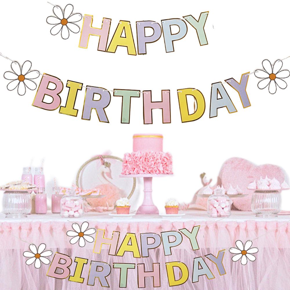 Flower Banner Daisy Happy Birthday Banner Colorful Birthday Party Decor Garland Banner Happy Birthday Banner for Party