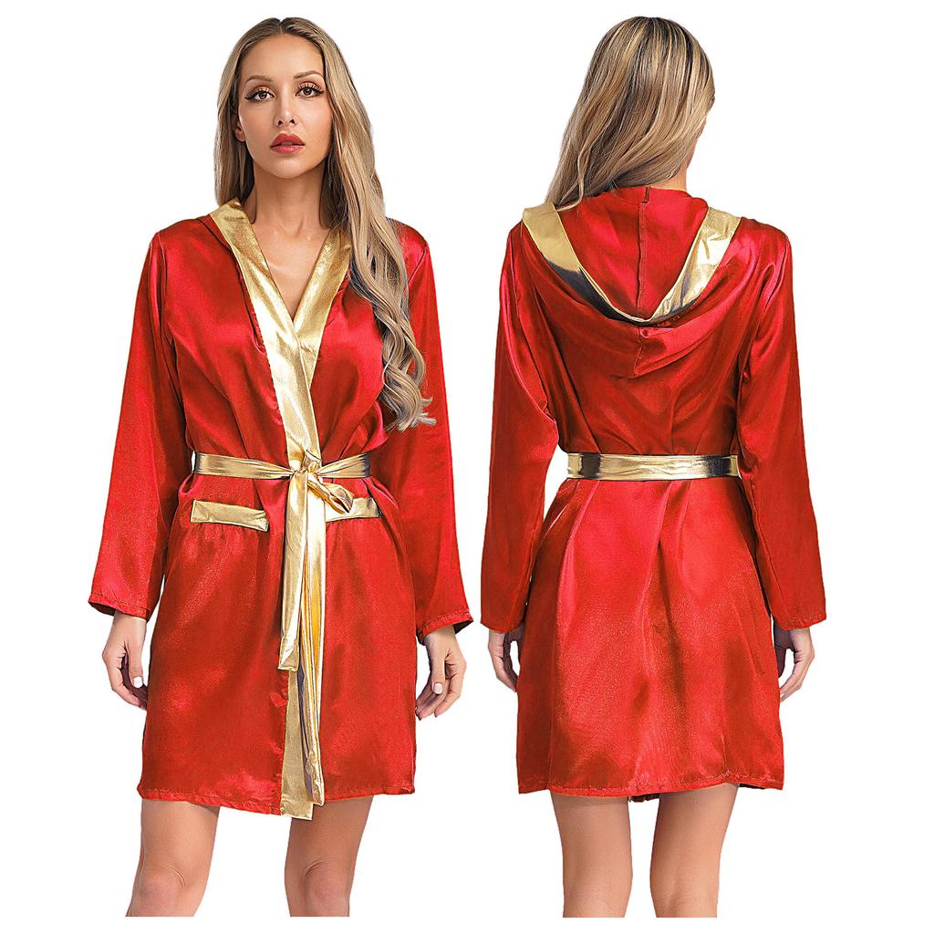 Damen Box Robe Halloween Cosplay Kostüm Langarm Offene Vorderseite Metallische Borte Satin Kapuze Umhang mit Gürtel