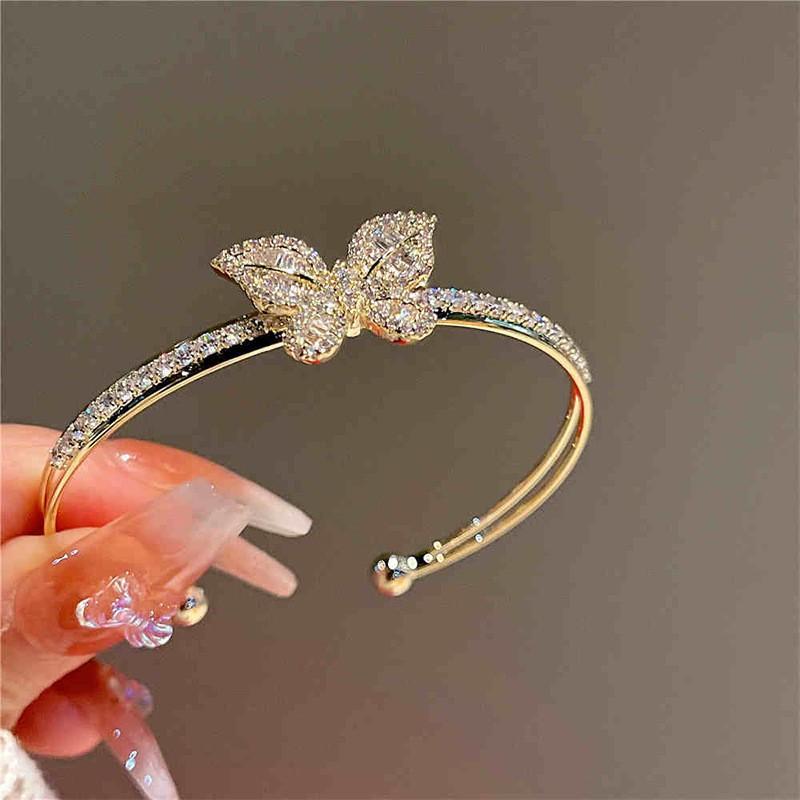 Gold Plated Zircon Butterfly Double Layer Open Cuff Bracelet Women Lightweight Luxury Fashion Jewelry
