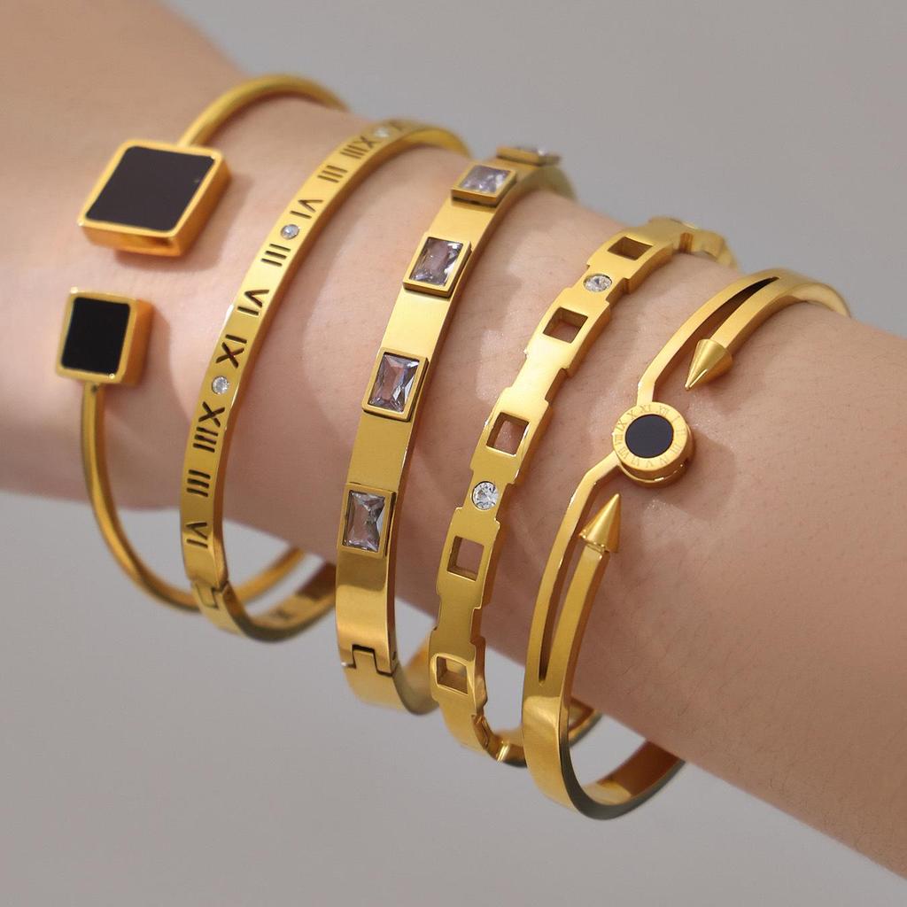18K Gold Plated Stainless Steel & Zirconia Bracelet Set with Acrylic Buckle - Personalized Simple Jewelry
