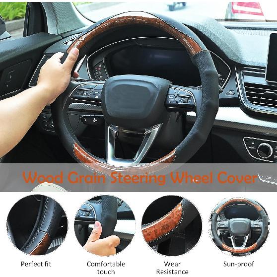 Wood Grain Steering Wheel Cover Car Steering Wheel Covers 14.5-15 Inch With Coasters Microfiber Leather Splicing Breathable Anti-Slip Durable