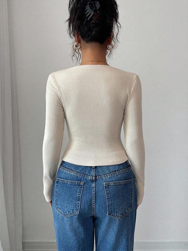 Women's European & American Style Slim Fit Solid Color Knit Base Layer Top - Autumn & Winter Collection