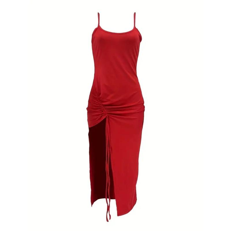 Summer Casual Sleeveless Square Neck Dresses for Female Solid Color Side Split Drawstring Tight Dress Women's High Waist Dress Party Evening Dress