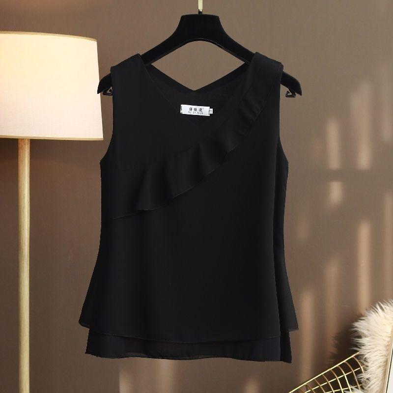 Women's Black Sleeveless V-neck Top with Asymmetric Ruffle Layered Hem