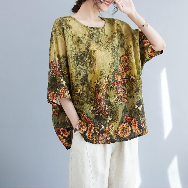 Ethnischer Stil Große Größe Weites Panasonic Swing Doll Shirt Sommerbluse Ethnischer Stil Druck Locker Rundhals Bequemes T-Shirt für Damen