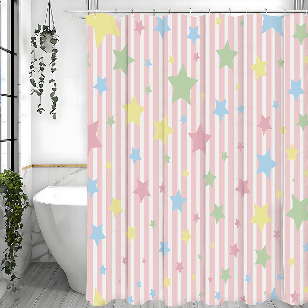 Pink and White Striped Colorful Stars Shower Curtain, Bathroom Decorative Shower Curtain, Waterproof Shower Curtain with Hooks