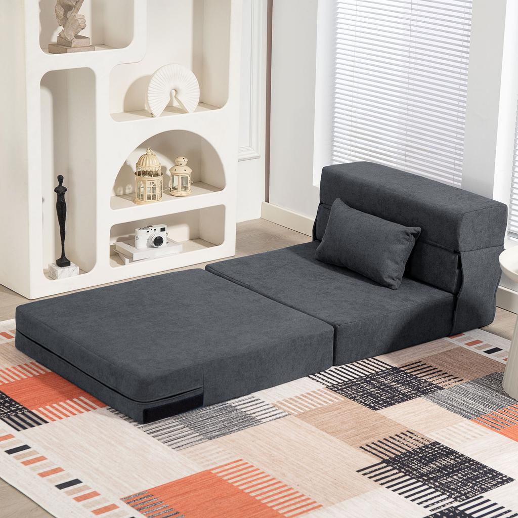 Floor Sofa, Upholstered Couch, Convertible Into Mattress, Foam, Cushion, Dark Grey