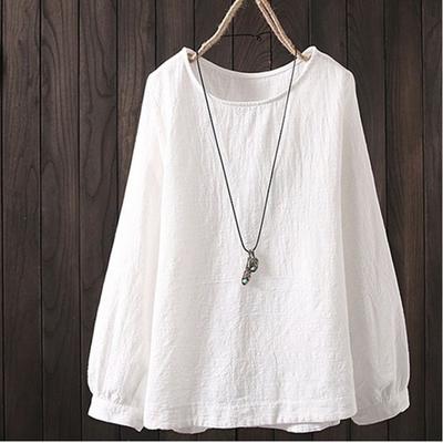 Casual Long-sleeved Shirt, Large Size Round Neck Cotton and Linen Top for Women