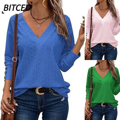 Women's Fashion Casual Solid Color Print Long Sleeve V Neck Blouses & Shirts