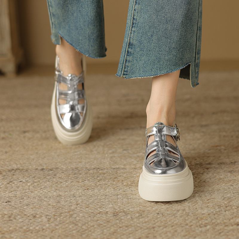 Krazing Pot Baskets en cuir véritable pour femme, chaussures décontractées, printemps, automne, été, plateforme, sangles à boucle, couleur argent