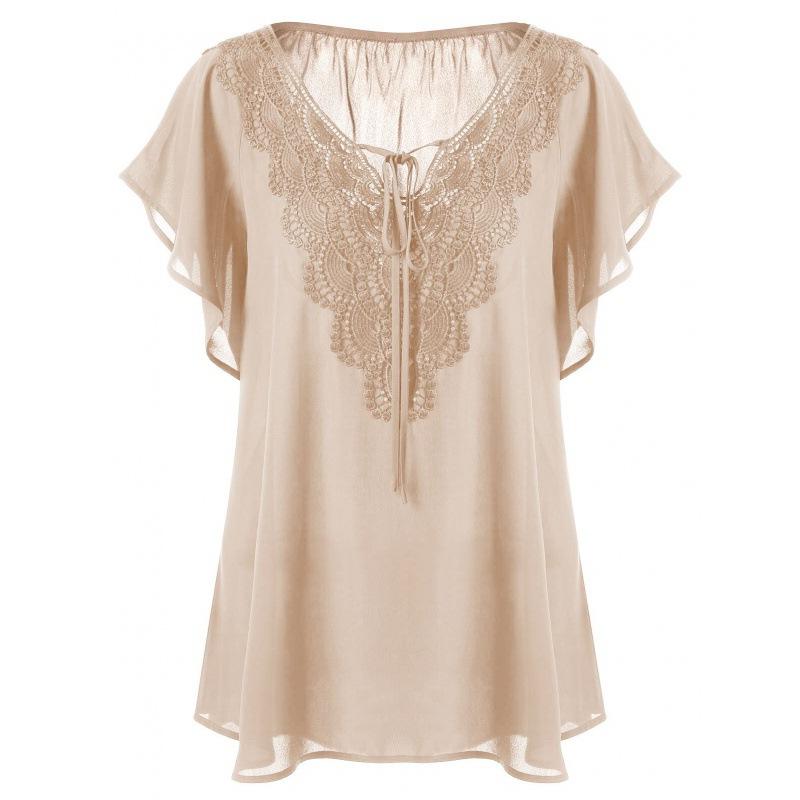 Lace V Neck Loose Women Blouse Large Size Lace-up Short Sleeve Shirts Ladies Solid Color Loose Sweet Office Elegant Fashion Simple Clothing