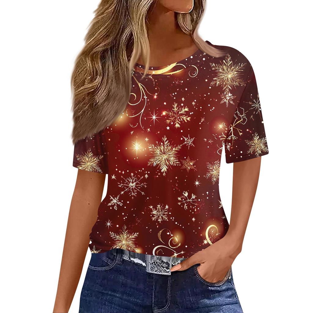 Women's Fashionable Casual Short Sleeve Christmas Print Round Neck Pullover Top