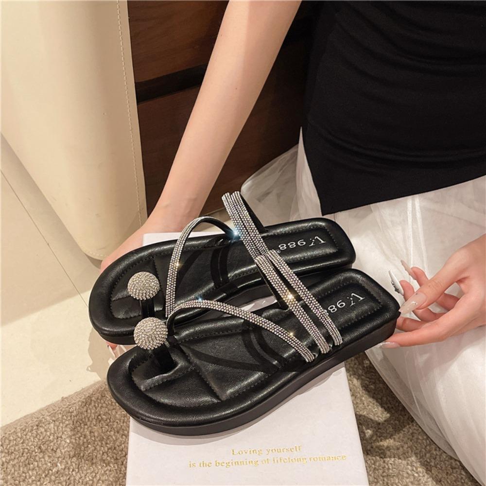 JMXD-Flat Bottom Cool Slippers Female Summer Wear, Rhinestone Fairy Wind Soft Bottom Non-slip Toe Beach One-word Drag