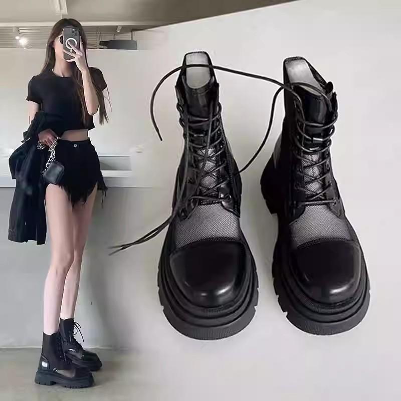 Summer Women's 2025 New Black Thick Soled Short Boots Breathable Thin Boots Women's Hollow Mesh Boots Summer Mesh
