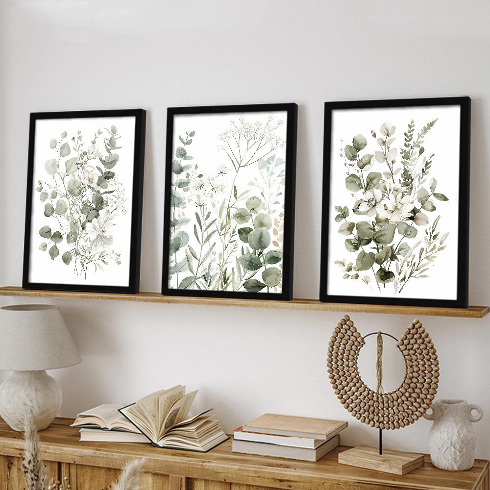 3pcs/set Green Color Plant Leaf Art Oil Painting Canvas with Wood Frame Draw Wall Decor Home Decorations