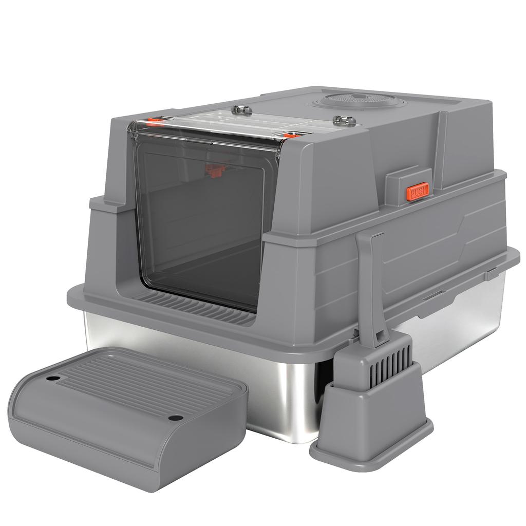 Lettiera per Gatti XXL in Acciaio Inossidabile 130L con Coperchio Pieghevole a 180 gradi, Pareti Laterali Alte, Paletta, Gradino, 70x50x43cm, Grigio