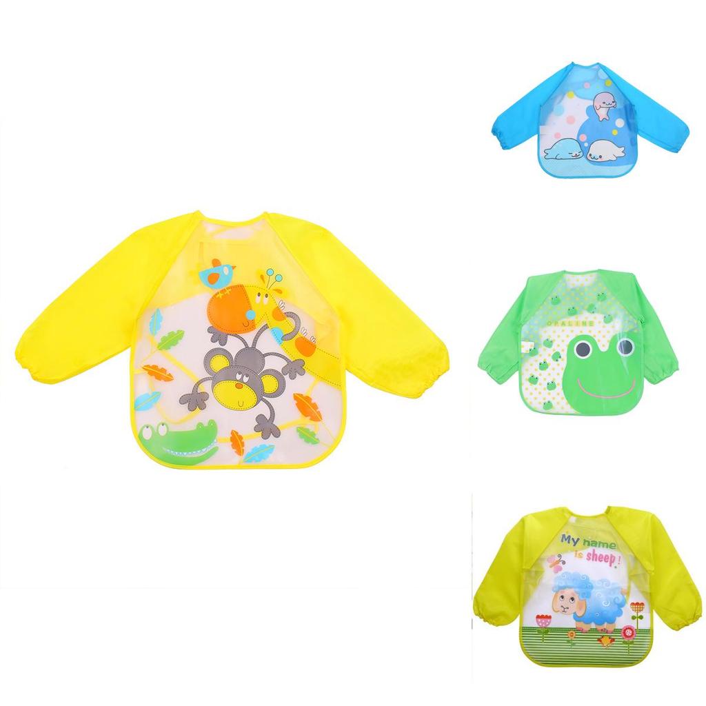Cute Waterproof Cartoon Baby Feeding Apron With Long Sleeves For Toddler Weaning
