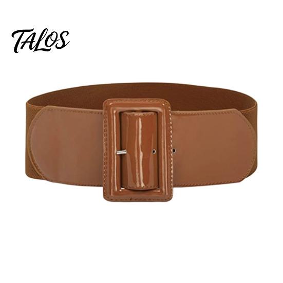 Vintage Style Elastic Waistband Adjustable Size Women Belt, Wide Faux Leather Square Buckle Belt with Buckle, Stretchy Dress Fashion Accessory