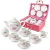 Servizio da tè in porcellana per bambine con cestino da picnic rosa, design floreale, 13 pezzi